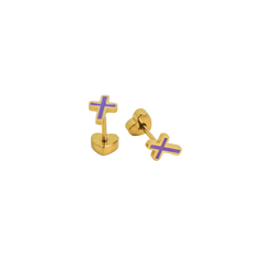Gold cross-shaped earrings on a white background