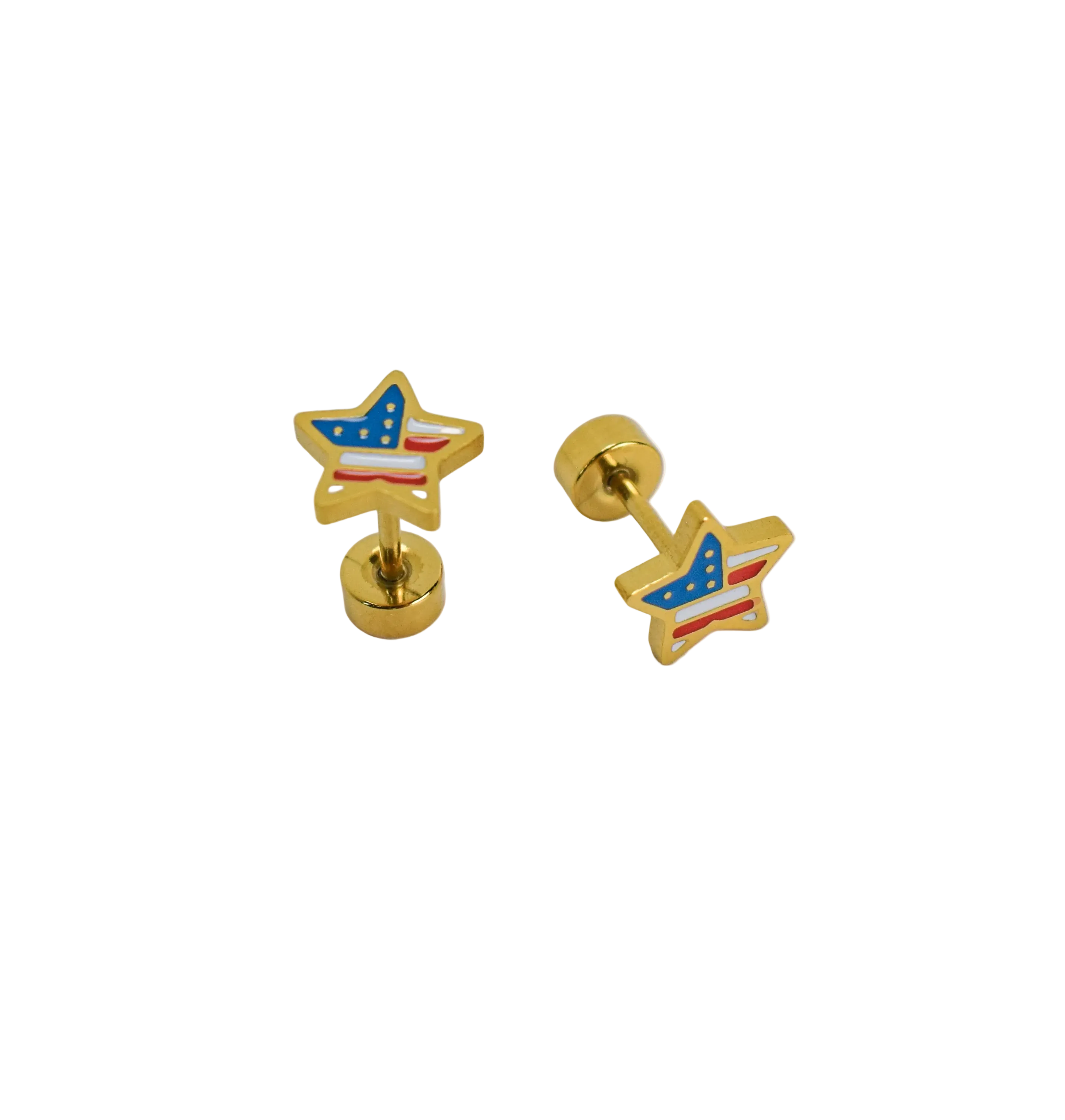 Star-shaped earrings with American flag design on a white background